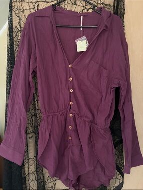 Women's Button-Front V-Neck Romper - Plum